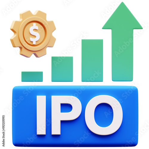 IPO initial public offering with growing graph, arrow and dollar coin on gear, 3D Illustration, Transparent background.
