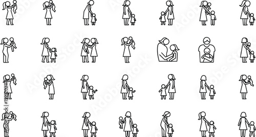 Black and white stick figures of mothers and children in various poses