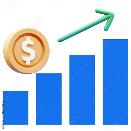 Coin shows growth on a bar graph, with an arrow pointing upwards, 3D Illustration, Transparent background.