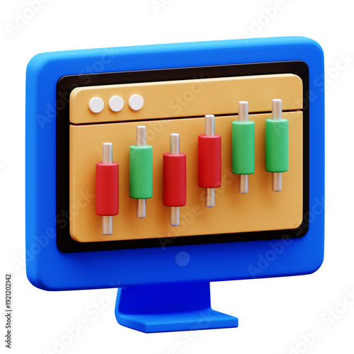Cartoon monitor displaying stock market candlestick chart with upward and downward trends, 3D Illustration, Transparent background.