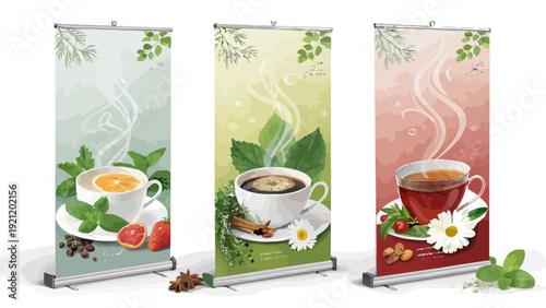 Gourmet tea advertising banners with warm drinks and herbs on colorful backgrounds for cafe promotions