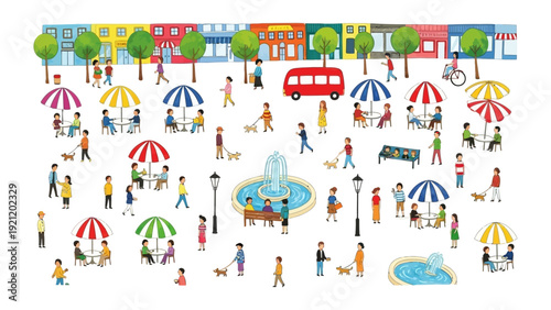 lively cartoon illustration of urban park life people enjoying outdoor cafes fountains street activities and community leisure.