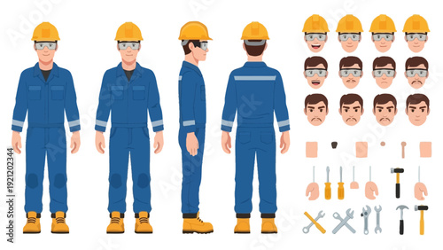 male construction worker character in safety uniform with diverse poses facial expressions and essential work tools for industrial design.