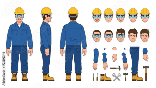 male construction worker character hard hat safety glasses blue uniform expressions body parts and tools for animation projects.