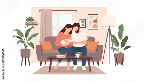loving parents cradling their newborn baby on a cozy sofa in a modern living room depicting family bonding and new parenthood joy.