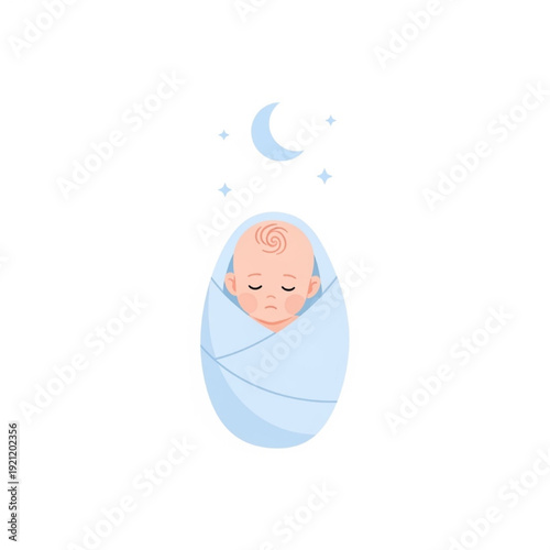Peacefully Sleeping Baby Swaddled in Blanket with Crescent Moon and Stars Minimal Flat Vector Illustration