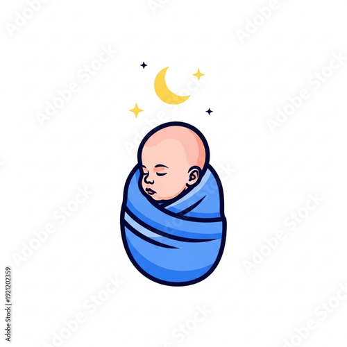 Peacefully Sleeping Baby Swaddled in Blanket with Crescent Moon and Stars Minimal Flat Vector Illustration