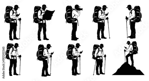 male hiker silhouettes navigation with smartphone and map photography reaching mountain peak ideal for adventure travel.