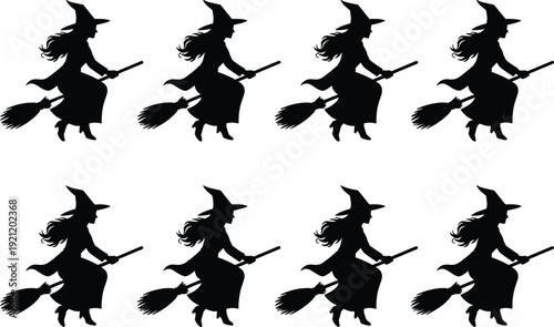 Black Witch Silhouettes Collection with Flying Witches on Broomsticks Vector Icons Isolated on White Background for Halloween Spooky Party Invitations and Holiday Graphic Design
