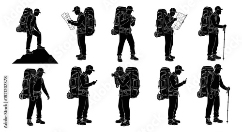 male hiker silhouettes with backpacks exploring outdoor trails using maps and phones and taking photos for adventure.