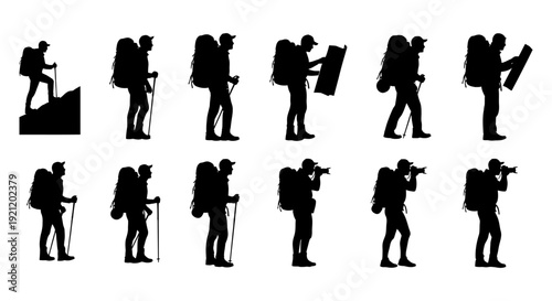 male hiker silhouettes with backpacks trekking navigating and photography in outdoor adventure and exploration travel