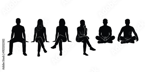 A group of people in various sitting positions in black silhouette on a white background
