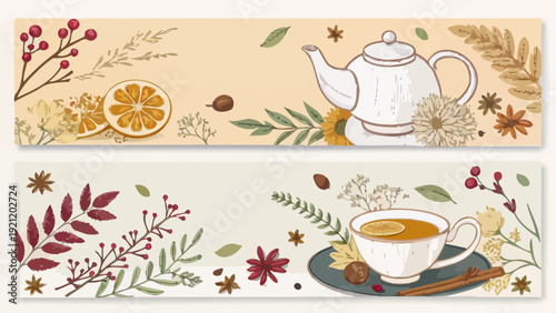 Vintage tea party templates with floral designs and teacup teapot illustrations for invitations and menus rustic charm