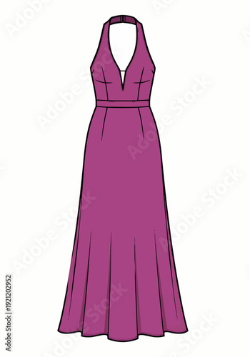 Technical fashion illustration maxi dress halter neck deep V neckline