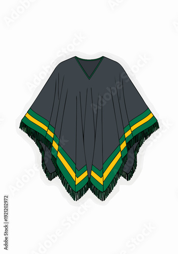 Stylish dark gray poncho vector illustration with green and yellow fringe detail