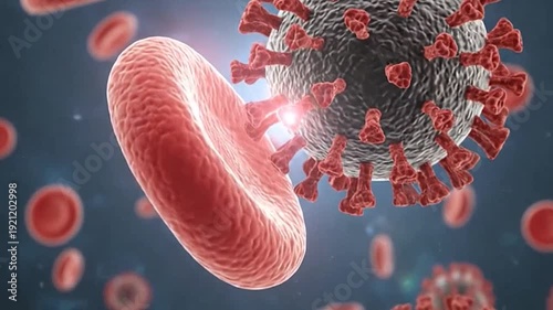 Microscopic view of red blood cells and virus particles in bloodstream