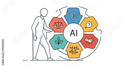 Conceptual illustration depicting a person interacting with an artificial intelligence system, highlighting ethical considerations and societal impact.