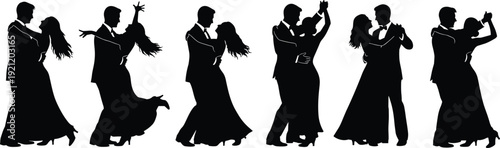 Elegant couple dancing ballroom sequence silhouette set isolated on white background, romantic waltz partners in formal attire performing classic dance poses illustration