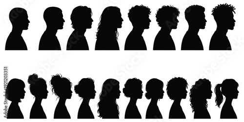 A collection of diverse black silhouettes of men and women with various hairstyles on a white background