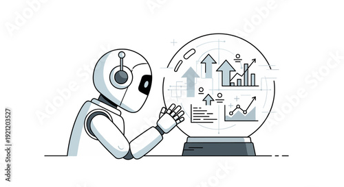 A futuristic robot gazes intently into a crystal ball, revealing intricate financial charts and upward-trending arrows, symbolizing artificial intelligence in business forecasting and future
