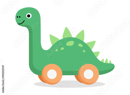 A green cartoon dinosaur toy with orange wheels