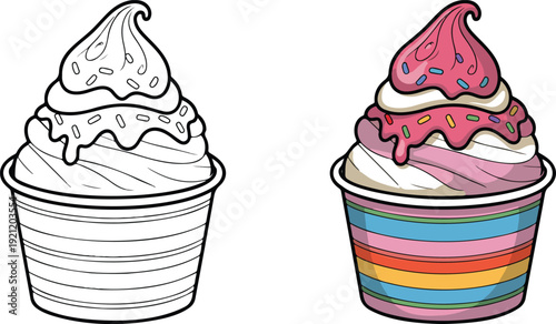 A digital illustration of two soft-serve ice cream desserts in side-by-side views.