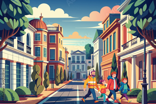 Vector, family, vintage, antique, art, style, tourism, travel, banner, advertising, tour, excursion, adventure, city, street, town, house, urban, vector, architecture, building, illustration, 