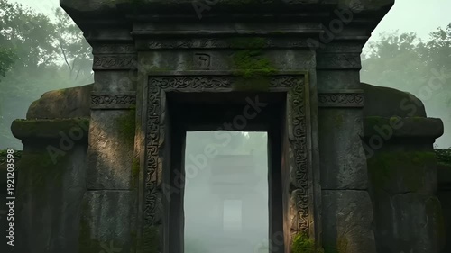 Wallpaper Mural Ancient stone temple gate ruin in misty forest with fog and moss ambience Torontodigital.ca