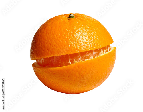 Orange fruit sliced open showing the juicy segments inside isolated on white background.