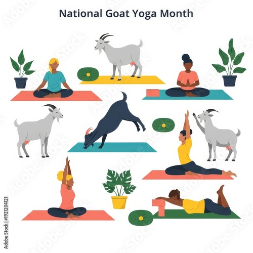 National Goat Yoga Month illustration with people and animals