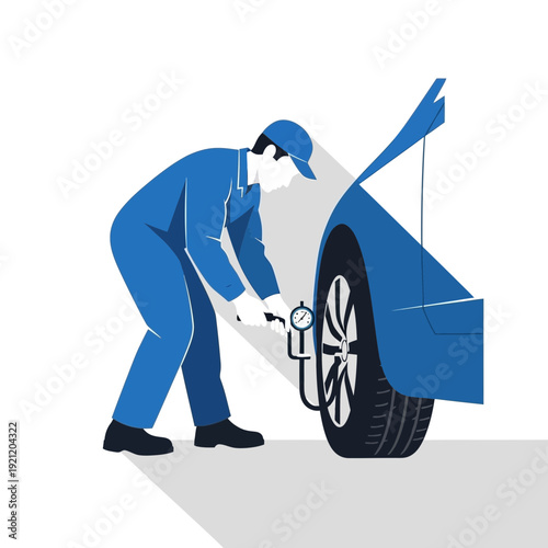 Mechanic checking car tire pressure with gauge