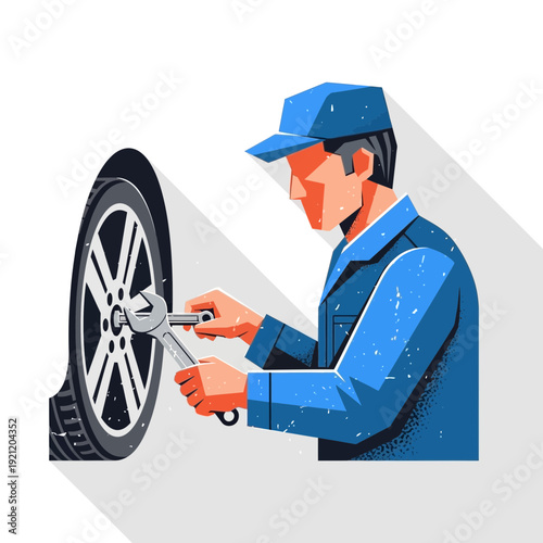 Mechanic fixing car tire with wrench, auto repair service, illustration