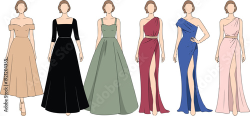 A fashion illustration showing six formal evening gowns displayed on identical mannequin forms in a row.