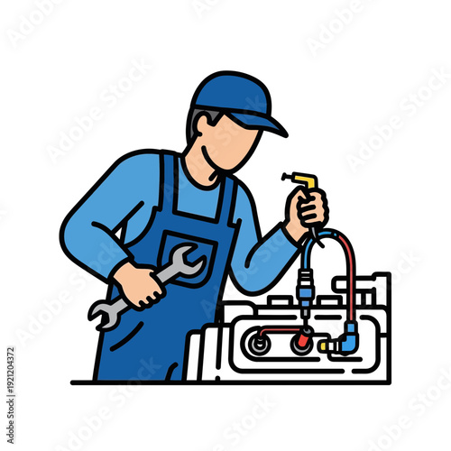 Mechanic fixing machinery with wrench and tools, blue uniform, clean vector illustration