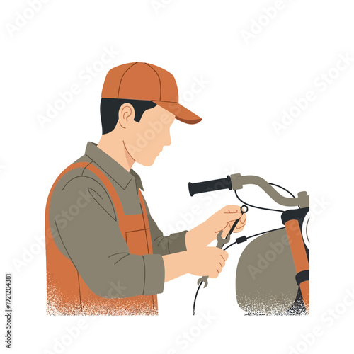 Mechanic fixing motorcycle handlebars with wrench, illustration