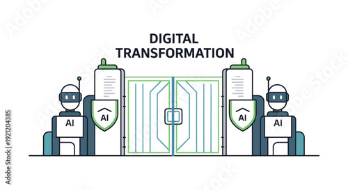 Conceptual illustration depicting digital transformation with AI robots guarding a futuristic gate, symbolizing secure technological advancement and innovation.