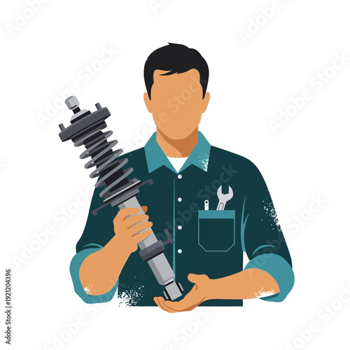 Mechanic holding car suspension shock absorber, auto repair concept