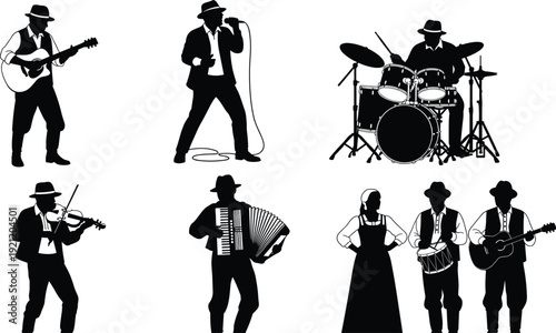 Folk and jazz musicians silhouettes set with guitarist, singer, drummer, violinist and accordion player, traditional music band vector illustration isolated on white background