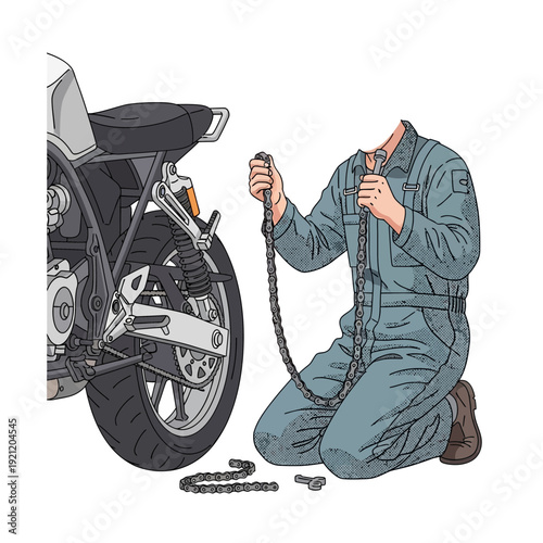 Mechanic repairs motorcycle chain, kneeling, wearing blue overalls