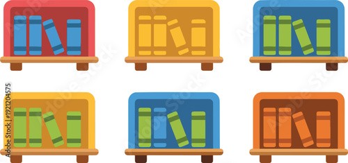 A flat, minimalist illustration of six colorful bookshelves arranged in a 2x3 grid against a white background.