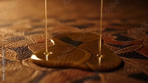 Wallpaper Mural Macro view of golden liquid oil drop falling on brown leather texture pattern background Torontodigital.ca