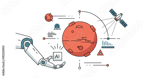 Robotic arm interacting with artificial intelligence technology, exploring Mars with a satellite and scientific data visualizations.