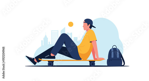 Young man relaxing on his skateboard in a park with a backpack beside him, taking a break with the city skyline behind.