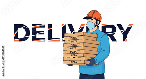 Pizza delivery man wearing a face mask and helmet holding a large stack of pizza boxes for a fast food delivery service.