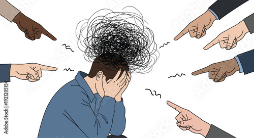 Depressed man suffering from mental health issues and social anxiety, with pointing fingers representing public judgment and blame.