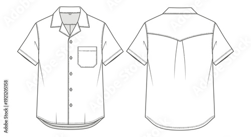 mens short sleeve camp collar shirt technical drawing with front and back views essential fashion flat sketch for apparel design and patterns.