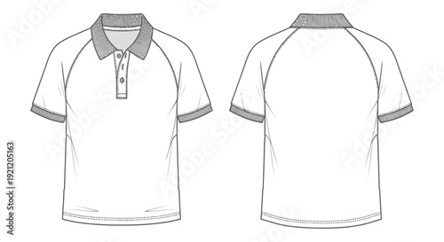 mens polo shirt technical flat sketch front back raglan sleeves ribbed collar cuffs for apparel design template.