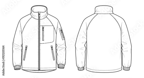 mens technical jacket vector flat sketch with stand collar raglan sleeves and zippered pockets perfect for apparel design and development.