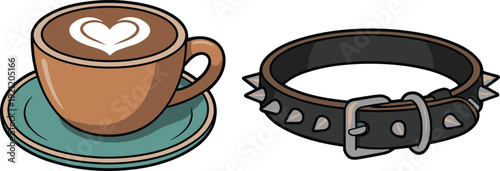 Coffee cup with latte art heart and leather spiked collar illustration set, contrasting cozy cafe drink and edgy fashion accessory isolated on white background