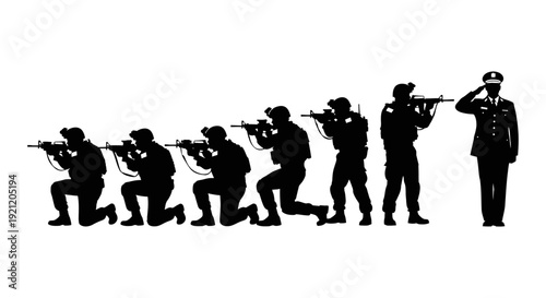 military soldiers silhouettes from combat to saluting officer illustrating army training military service and command.